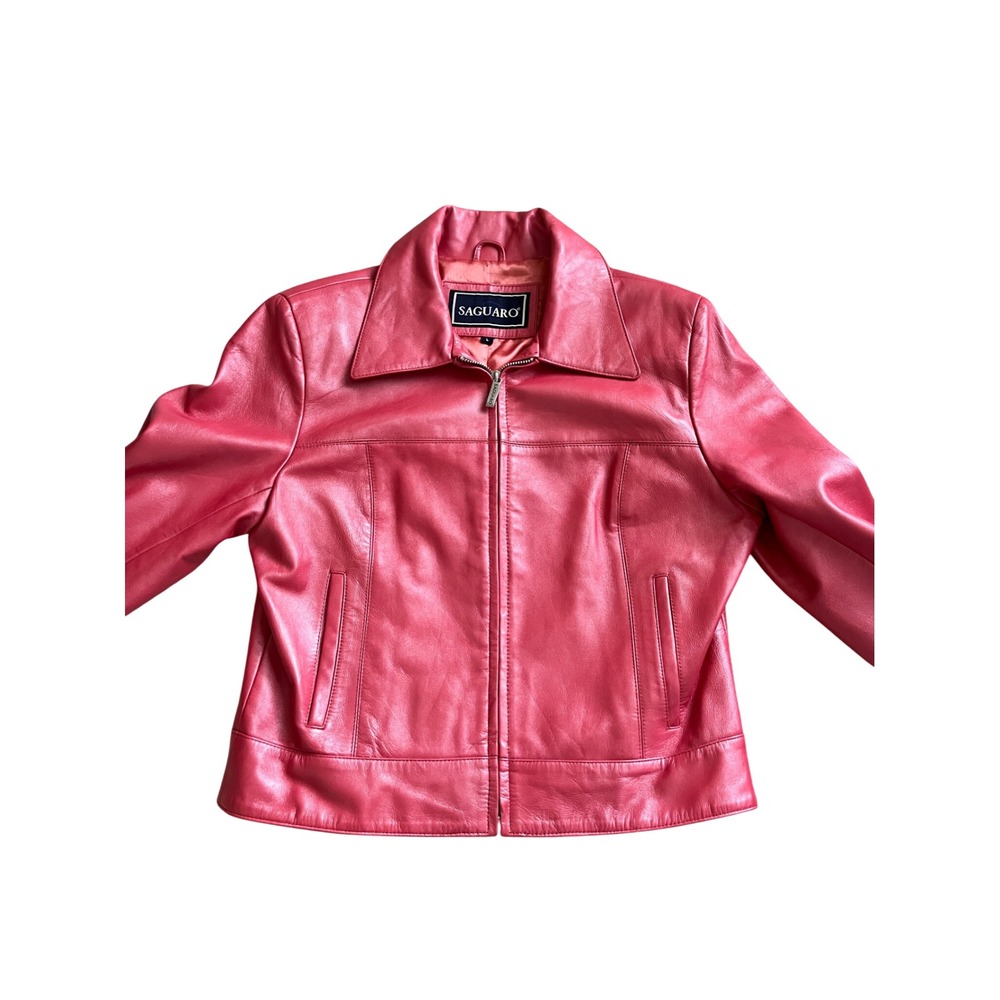 Women's Saguaro Hot Pink Leather Full Zip Moto Biker Leather Jacket Size Large - Picture 2 of 9